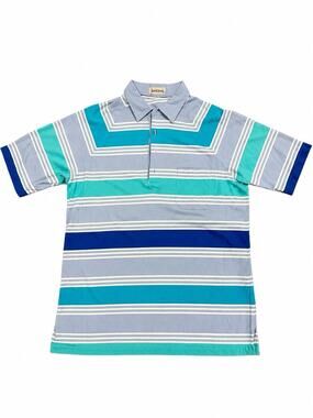 Vintage Jantzen Polo Shirt Men’s L Blue Teal White Striped Short Sleeve Pocket
